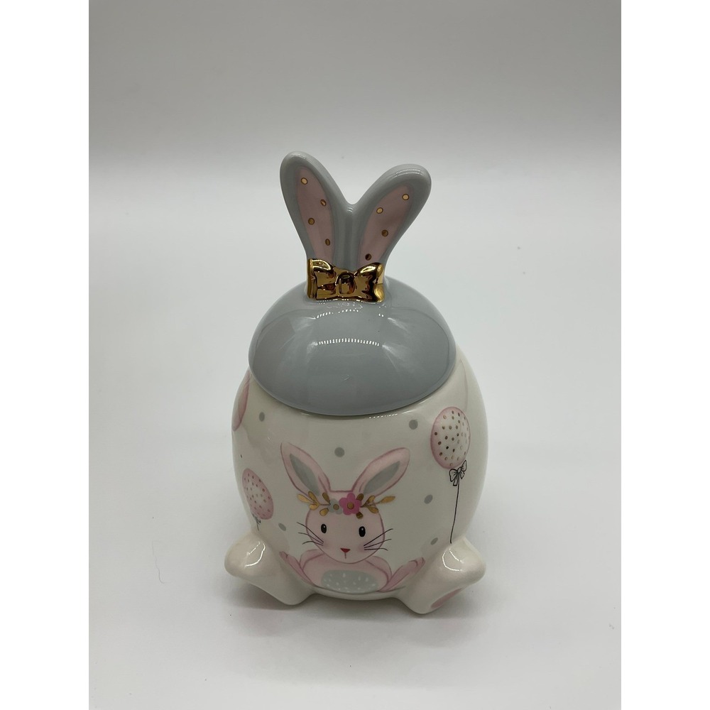 Ceramic‎ Storage Jar Easter Bunny Small White Grey Pink Gold Bow Decor